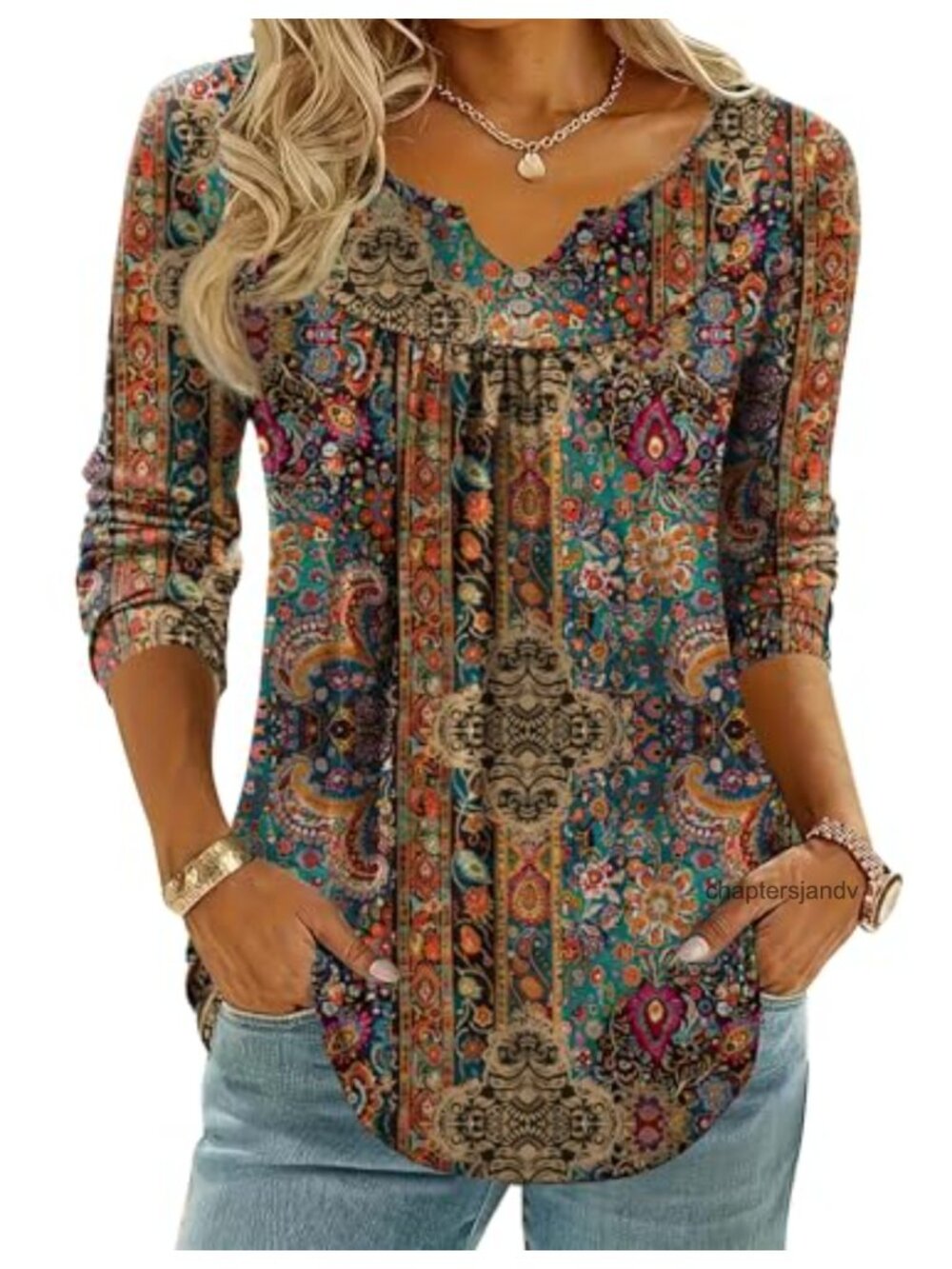Zeagoo Womens Boho Tunic Long Sleeve V-Neck Blouse with Pleated Chest & Curved